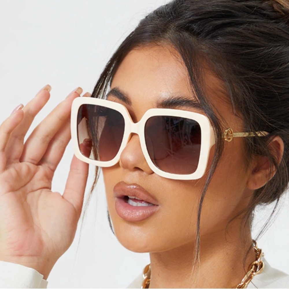 Pretty Little Thing Cream Branded Oversized Square Sunglasses NWT